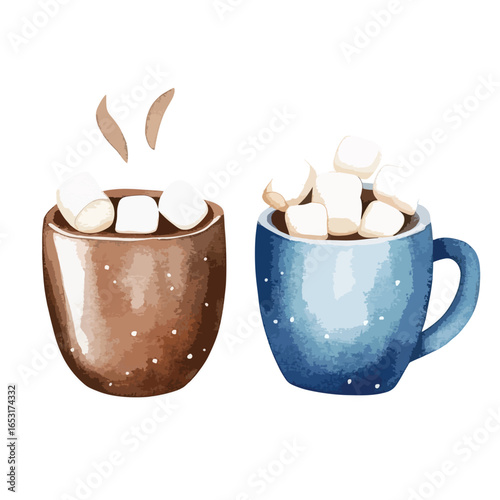 Two Watercolor Mugs Filled with Marshmallows One Brown and One Blue