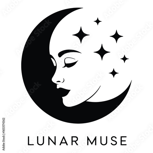 Elegant Lunar Muse Vector Illustration of a Womans Profile in a Crescent Moon with Stars Symbolizing Dreams and Inspiration