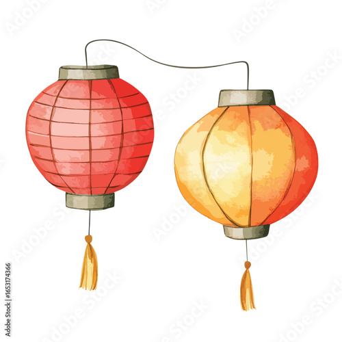 Two Watercolor Lanterns Red and Yellow Asian Decorations with Tassels