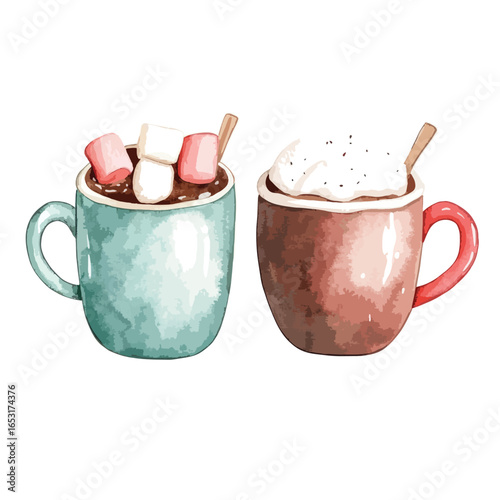 Two watercolor mugs teal with marshmallows and brown with whipped cream