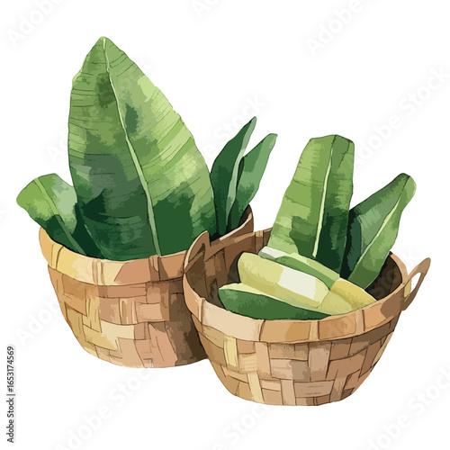 Two woven baskets filled with vibrant green banana leaves and pale green vegetables