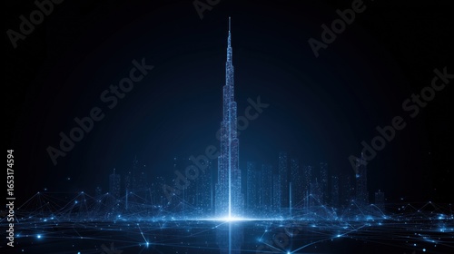 Digital Dubai Skyline with Network Connections and Blue Glow
