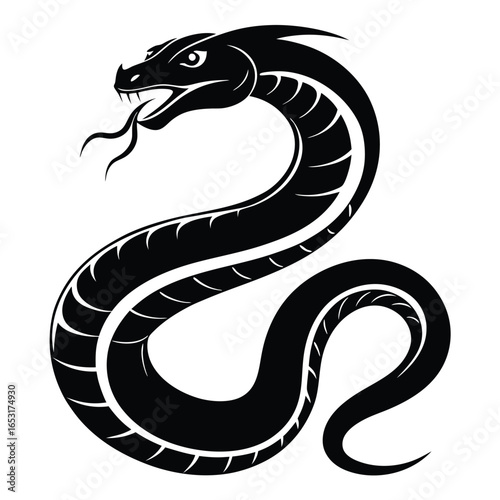 Stylized Black Silhouette of a Coiled Snake Ready to Strike, Tongue Flicking, a Powerful and Symbolic Reptilian Illustration