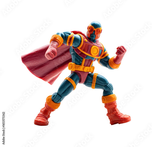 Action figure of heroic male character in cape and armor in dynamic pose isolated on transparent background, png