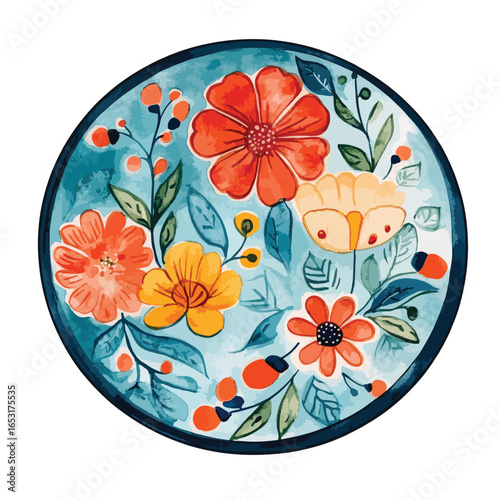 Vibrant Floral Design on a Round Decorative Plate