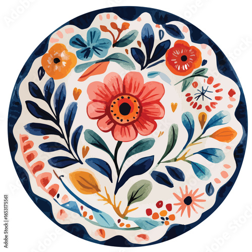 Vibrant Floral Design on a Round Plate