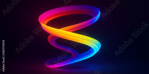 Colorful glowing lines in a dynamic ribbon shape illustrate an abstract wave of light, creating a vibrant, energetic wallpaper
