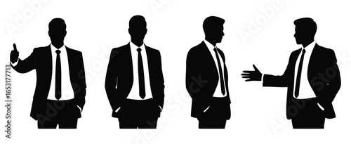 Silhouettes of businessmen in varied poses including handshake and phone gesture, symbolizing communication, professionalism, and corporate style
