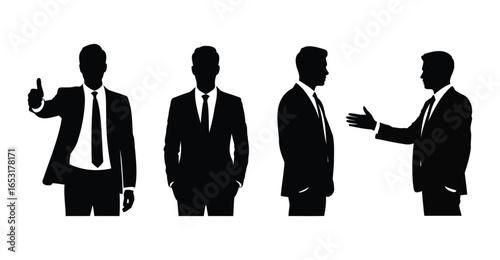 Silhouettes of businessmen in various poses including handshake, thumbs-up, and standing gestures, symbolizing corporate interaction and teamwork