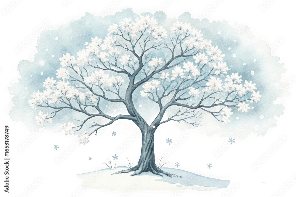 Obraz premium Beautifully detailed winter tree with falling snowflakes isolated on transparent background