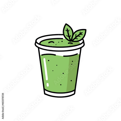 Fresh green smoothie with basil leaves in a cup. Vector illustration