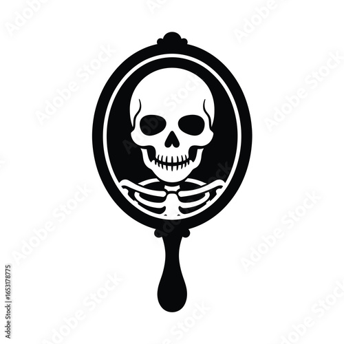 Skeleton skull in antique hand mirror silhouette isolated on white background
