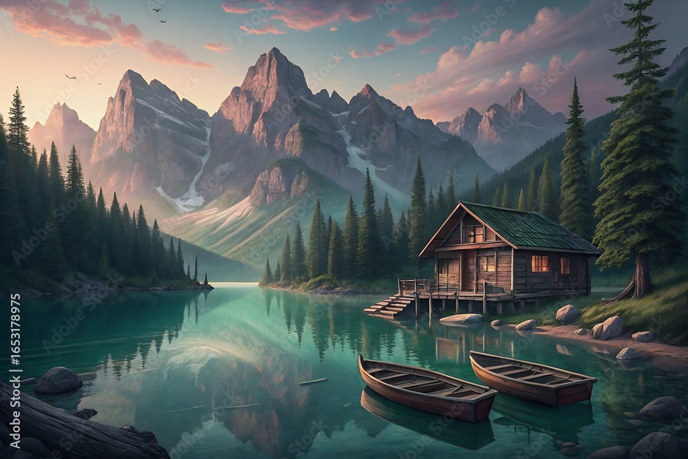 Fototapeta premium Serene mountain lake cabin with boats at sunset