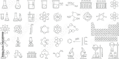 Illustration of chemistry elements including beakers molecules and periodic table