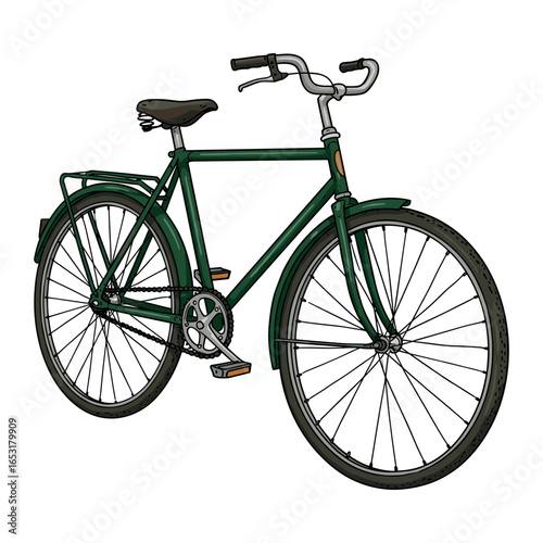 Classic green bicycle with brown seat and handlebars on white background. Vector illustration