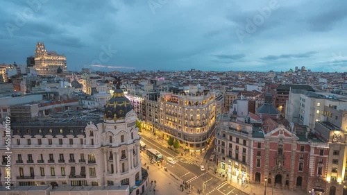 Madrid Spain time lapse day to night high angle view city skyline at Gran Via street