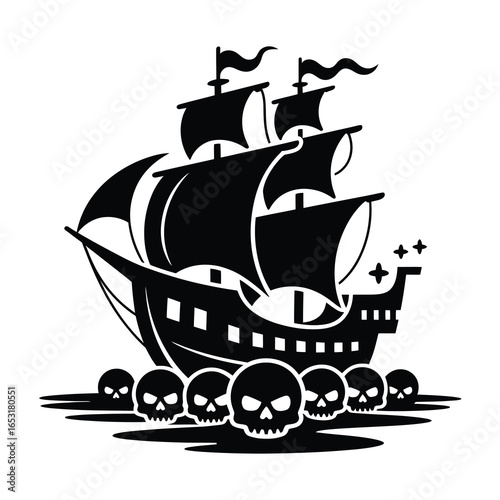 Pirate ship silhouette with skulls isolated on white background