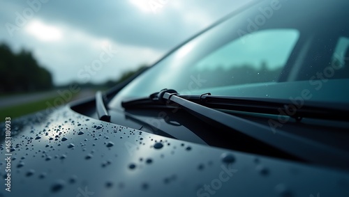 Car windshield wipers and water droplets on a dark car hood during a cloudy day