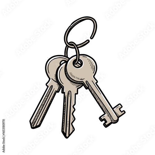 Three silver keys on ring with different bit cuts and key styles. Vector illustration