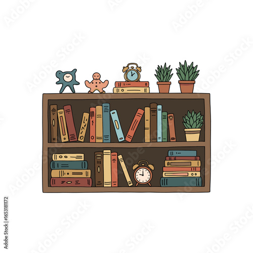Colorful bookshelf with alarm clocks, cute figurines, and succulent plants. Vector illustration
