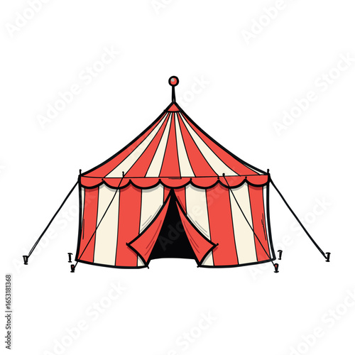 Red and white circus tent with open entrance on white background. Vector illustration