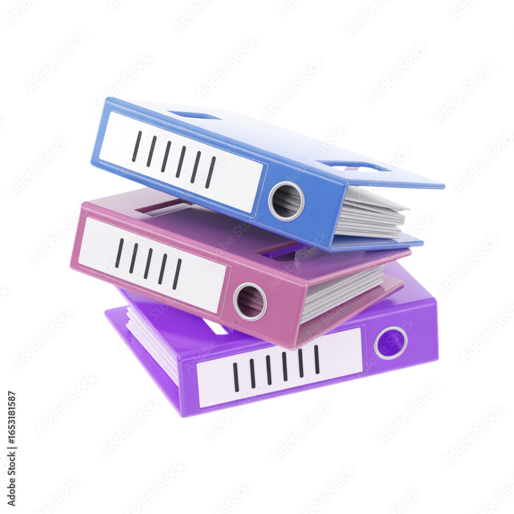 Fototapeta premium Stack of colorful ring binders with documents, office and paperwork organization concept, 3D illustration
