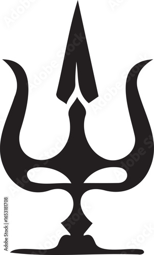 Sacred Symbol Silhouette: A powerful, black silhouette of a trident stands as a potent symbol of strength, representing the cultural and religious icon in a simple, minimalist artistic rendering.
