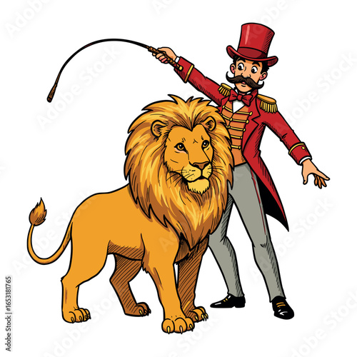 Circus performer with whip and lion illustration. Vector illustration