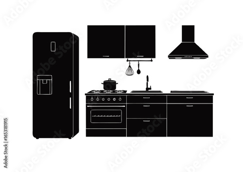 Modern kitchen interior design set with furniture and appliances. Black silhouette illustration of a cooking area isolated on white background.