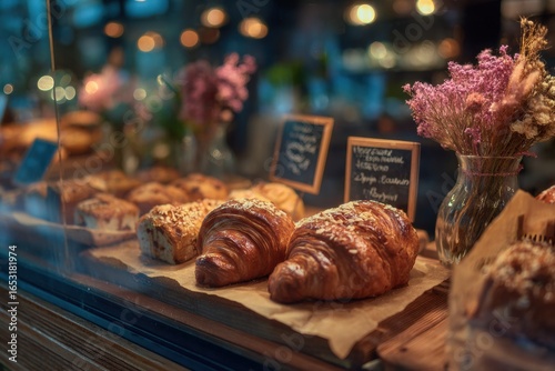 golden baked croissants on wooden tray behind glass display concept of bakery lifestyle food marketing and parisian breakfast culture