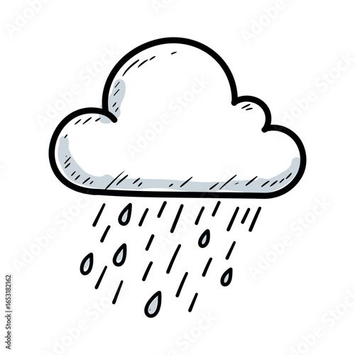 Hand-drawn rain cloud with droplets on white background. Vector illustration
