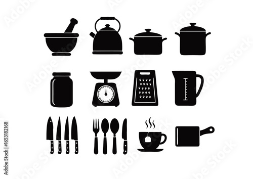 Set of black silhouette kitchen icons, a vector illustration of cooking tools, utensils, and equipment for food preparation isolated on a white background.