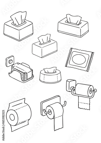 Essential paper hygiene products a diverse collection featuring various tissue boxes, compact pocket tissue packs, and toilet paper rolls with holders for daily sanitation.