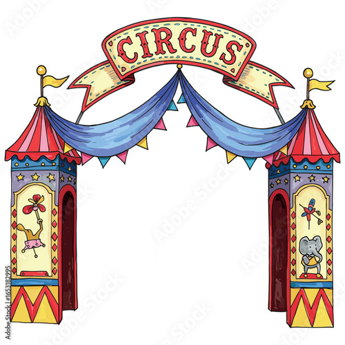 Colorful circus entrance arch with flags and decorative elements. Vector illustration