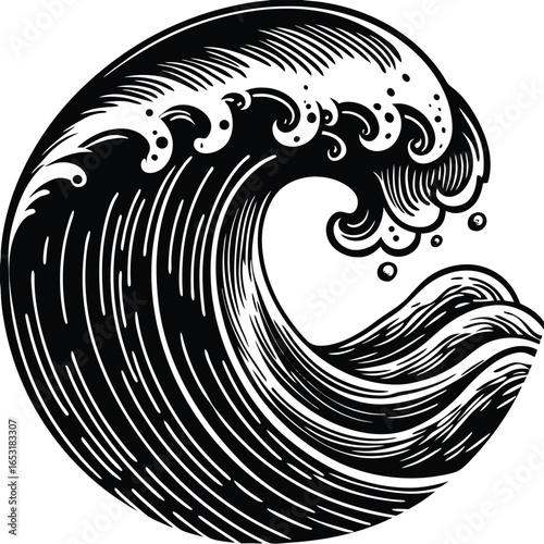 Ocean wave crest curling into a powerful spiral, dynamic sea surf depicted in monochrome engraving style, nautical vector illustration
