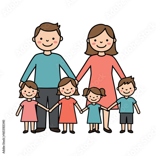 Cartoon illustration of caucasian family with parents and children holding hands. Vector illustration