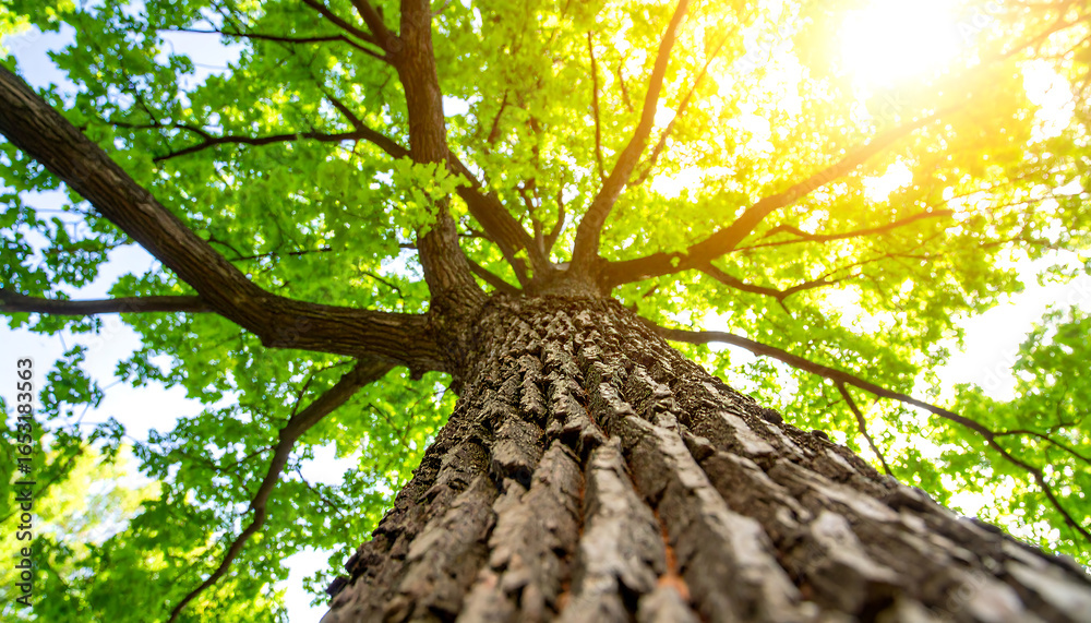 Naklejka premium Low-angle view of majestic oak tree, vibrant green leaves, sunlit canopy, textured bark, summer nature, peaceful serenity, environmental conservation.
