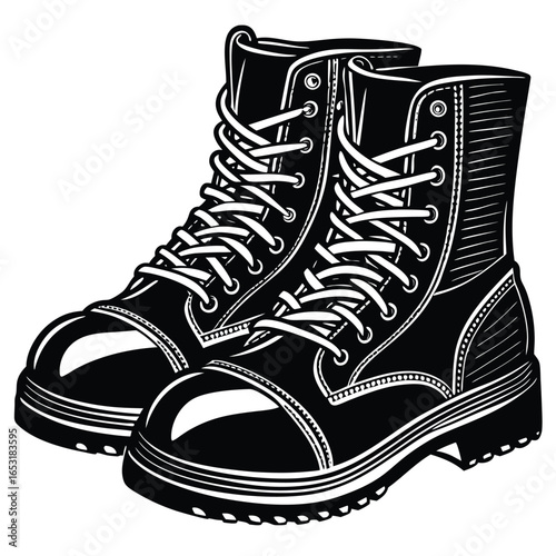 Pair of lace up combat boots rendered in monochrome engraving style, rugged footwear for hiking, workwear, and fashion vector illustration