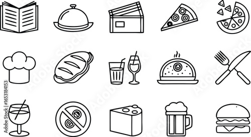 Diverse culinary icons featuring pizza, bread, drinks, and dining essentials for food service