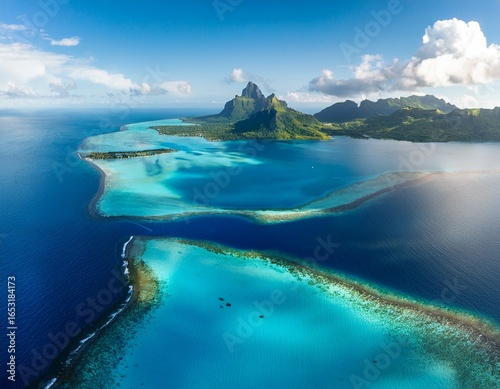 symmetrical aerial view of bora bora lagoon with raiatea and tahaa islands in background