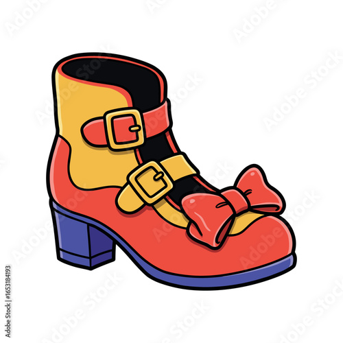 Colorful red and yellow boot with buckles and bow on white background. Vector illustration