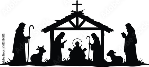 Quadro em tela Nativity scene silhouette depicting the birth of Jesus Christ, a traditional Christian religious motif with Mary, Joseph, and holy figures, perfect for holiday greetings, banners, and digital designs