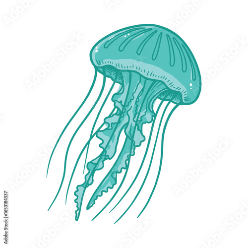 Detailed jellyfish design in soft green hues with flowing tentacles on a white background. Vector illustration