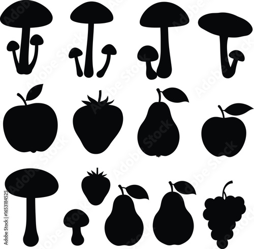 Vector illustration of a diverse collection of black silhouettes featuring mushrooms, apples, strawberries, pears, and grapes, ideal for food-related designs and natural element graphics.