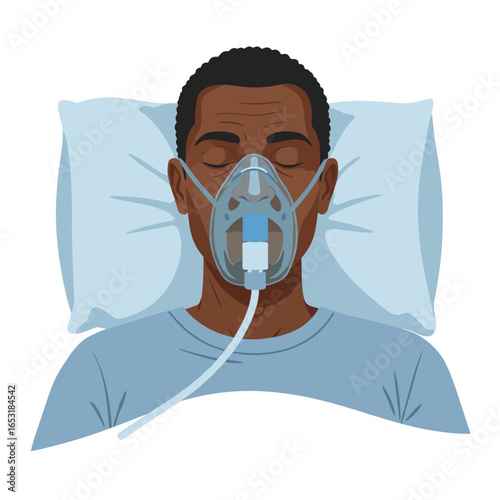 Man using an oxygen mask while lying down on a pillow in bed  