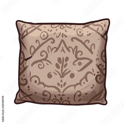 Ornate beige cushion with intricate floral patterns on a white background. Vector illustration