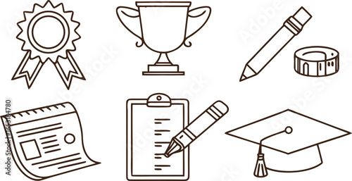 Education and Achievement Icons Graduation Cap, Trophy, Ribbon, Checklist, Pen, and Ruler for Learning and Success