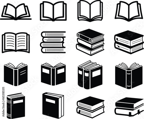 Collection of open and closed books in a grid layout