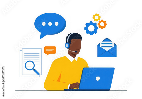 Wallpaper Mural Customer service representative with headset and laptop surrounded by communication icons isolated on transparent background Torontodigital.ca