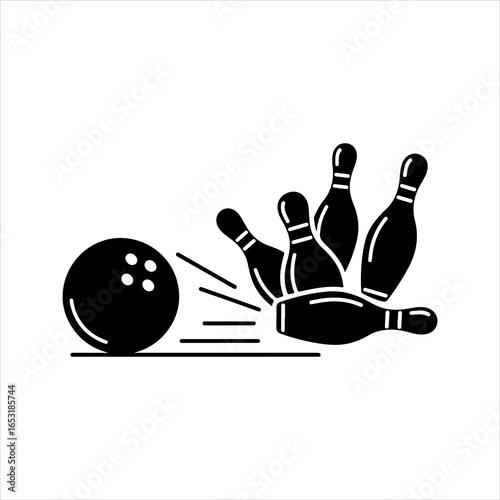 Black bowling ball hitting pins icon with motion lines sport game